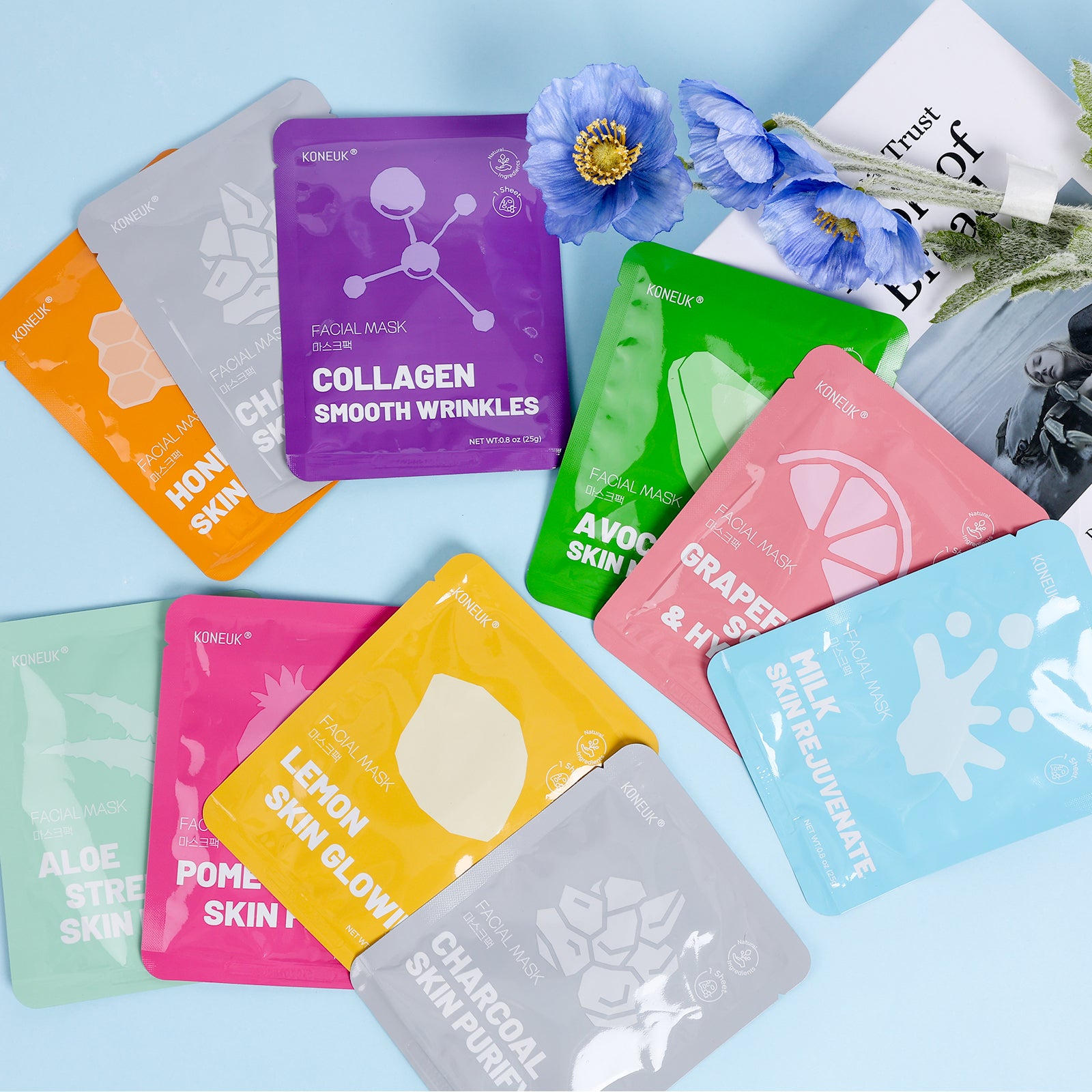 KONEUK 10 Pack Moisturizing Face Masks Skincare for Women, Collagen Hydrating Sheet Face Mask Set, Facial Mask for Women Skin Care, Spa Party Favors and Spa Day Gifts