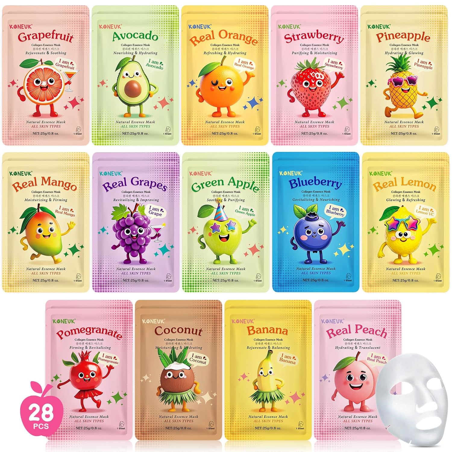 KONEUK 28 Pack Fruit Face Masks Skincare for Kids Girls, Sheet Collagen Face Mask for Women Skin Care, Bulk Hydrating Facial Mask for All Skin Types, Party Spa Gifts for Teens