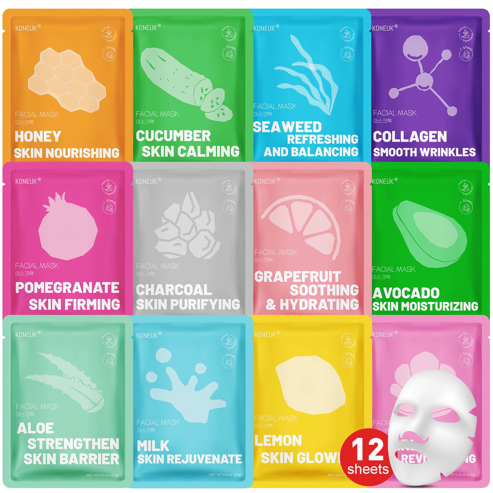 KONEUK 12 Pack Collagen Hydrating Face Masks Skincare, Sheet Face Mask for All Skin Types, Facial Masks Set for Women Skin Care, Face Mask Bulk Spa Gifts for Women