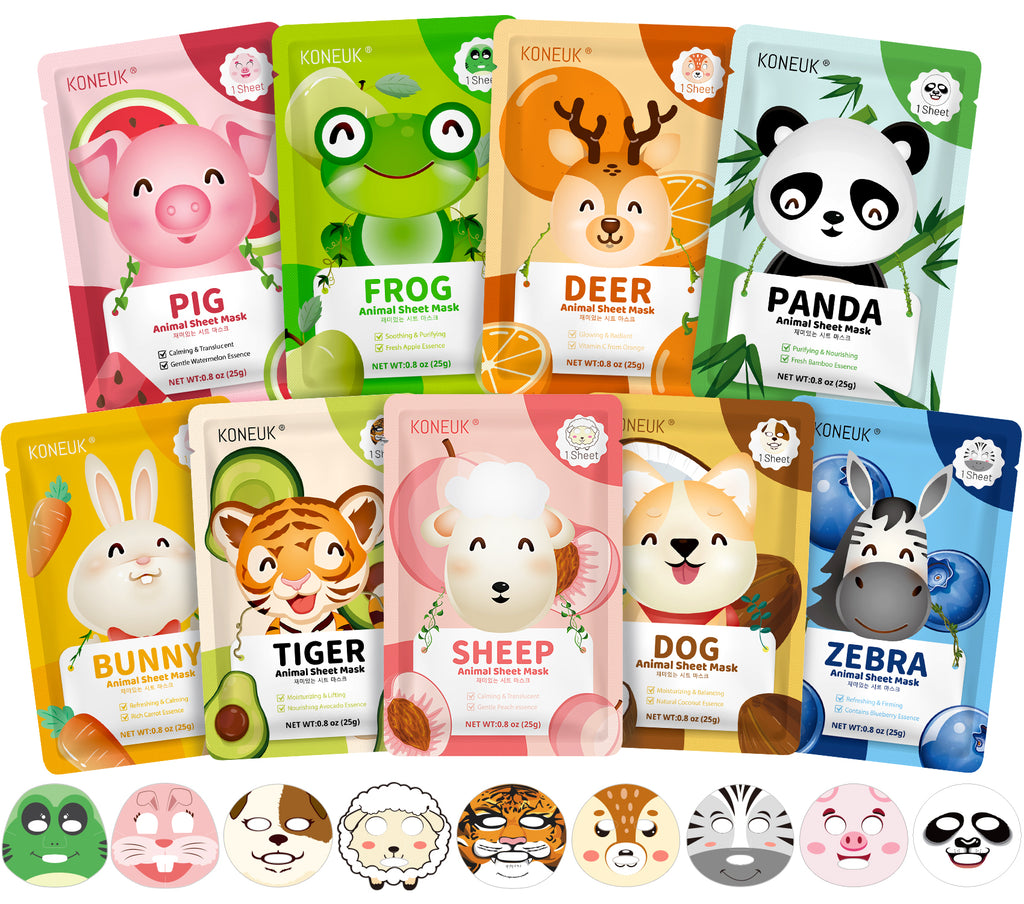 KONEUK 9 Pack Animal Face Masks Skincare for Kids, Bulk Sheet Hydrating Face Mask for Kids Skin Care, Collagen Face Mask for Teens Women, Sleepover Party Supplies, Spa Party Gifts for Teen Girls